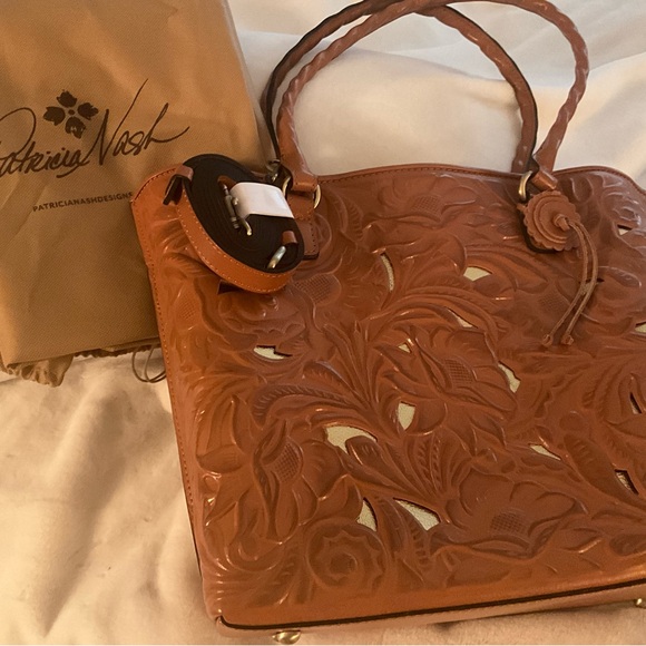 Patricia Nash brown tooled leather Adeline Tote bag with strap - Picture 1 of 8